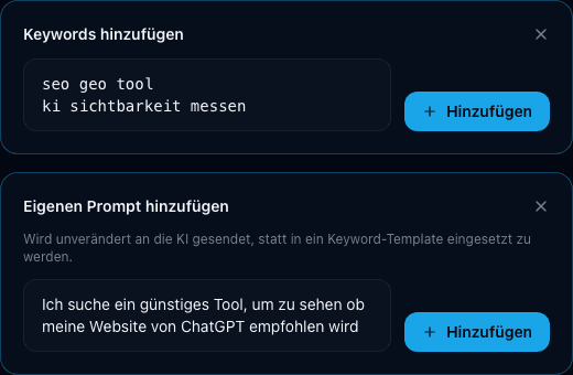 Scanora Dashboard: Keywords hinzufügen und eigenen, frei formulierten Prompt hinzufügen