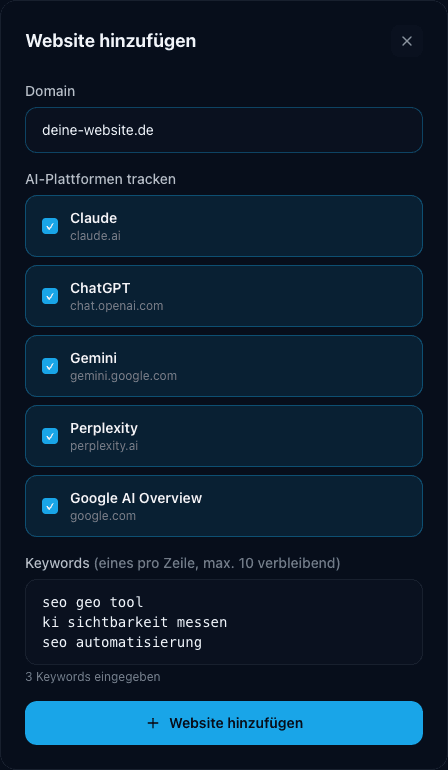 Scanora Dashboard: Website hinzufügen, alle 5 KI-Plattformen inklusive Gemini auswählen und erste Keywords eintragen
